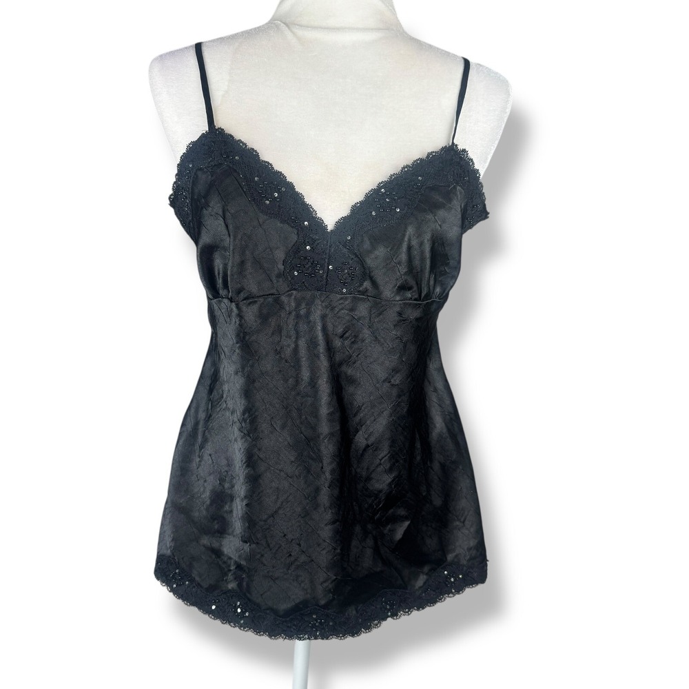 Babydoll Tank Top Womens Size Medium Black Satin Lace Whimsigoth Fairy Grunge